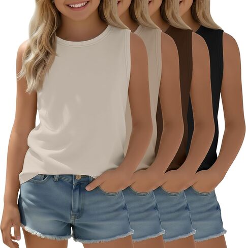 4 Pack Girls' Tank Tops Sleeveless Undershirts Crew Neck Casual Summer T-Shirt Kids Teen Cute Cami Tanks 5-14 Years in Saudi Arabia
