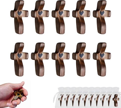 Cross My Heart Wooden Fidget Token for Anxiety - Handheld Pocket Prayer Cross for Meditation & Stress Relief, Solid Wood Holding Set of 10 with Organza Bags, Inspirational Christian Gifts in Saudi Arabia