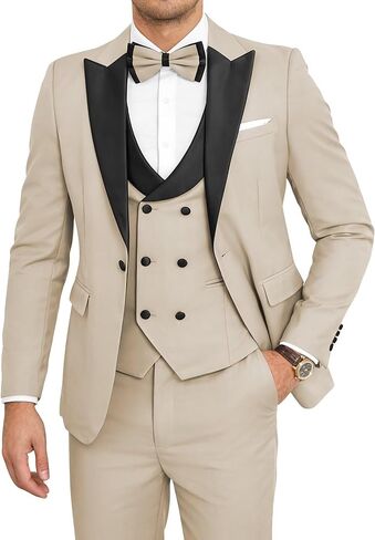Mens 3 Piece Tuxedo Suit Slim Fit Wedding Prom Dinner Tuxedo for Men Double Breasted Suits Set with Bow Tie in Saudi Arabia