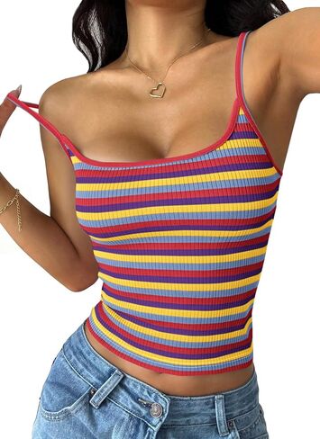 PRETTYGARDEN Women Summer Crop Tops Sleeveless Spaghetti Strap Tank Striped Cami Knit Y2K Clothes Slim Fit Spring Shirts in Kuwait