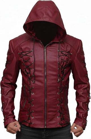 Men’s Red Hooded Leather Jacket Moto Biker Style Leather Streetwear Costume Modern Fit Outerwear in Saudi Arabia
