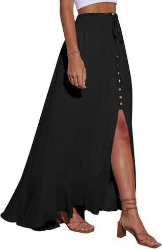 Women's Boho Elastic Tie Waist Button Down Maxi Skirt - Casual Loose Flowy Swing Slit Front Long Skirt in Kuwait