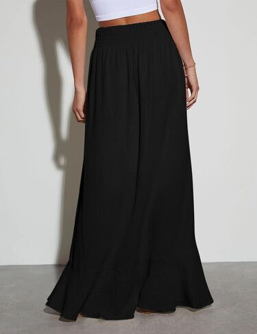 Women's Boho Elastic Tie Waist Button Down Maxi Skirt - Casual Loose Flowy Swing Slit Front Long Skirt in Kuwait