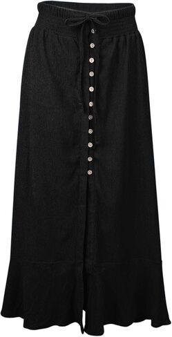 Women's Boho Elastic Tie Waist Button Down Maxi Skirt - Casual Loose Flowy Swing Slit Front Long Skirt in Kuwait