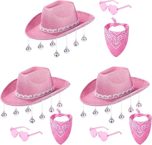 12 PCS مجموعات قبعة رعاة البقر الوردي ، تشمل قبعات رعاة البقر ، نظارات القلب ، والعصابات ، والقبعات الغربية المتلألئة للنساء ، وملحقات الأزياء للهالوين والحفلات in Kuwait