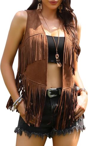 Allegra K Tassel Fringe Vest for Women 70s Outfits Faux Suede Sleeveless Jacket Western Cowgirl Party Costume Tops in Saudi Arabia
