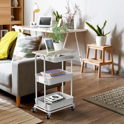 Simple Houseware 3-Tier Rolling Utility Cart with Drawer & Wood Tabletop - Mobile Sofa Side Table, Nightstand, Slim Storage Organizer Trolley for Bedroom, Bathroom, Office & Art Supplies, Rustic Brown in Saudi Arabia