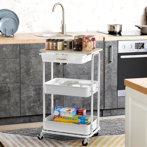 Simple Houseware 3-Tier Rolling Utility Cart with Drawer & Wood Tabletop - Mobile Sofa Side Table, Nightstand, Slim Storage Organizer Trolley for Bedroom, Bathroom, Office & Art Supplies, Rustic Brown in Saudi Arabia