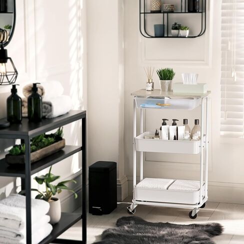 Simple Houseware 3-Tier Rolling Utility Cart with Drawer & Wood Tabletop - Mobile Sofa Side Table, Nightstand, Slim Storage Organizer Trolley for Bedroom, Bathroom, Office & Art Supplies, Rustic Brown in Saudi Arabia