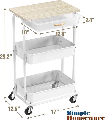 Simple Houseware 3-Tier Rolling Utility Cart with Drawer & Wood Tabletop - Mobile Sofa Side Table, Nightstand, Slim Storage Organizer Trolley for Bedroom, Bathroom, Office & Art Supplies, Rustic Brown in Saudi Arabia