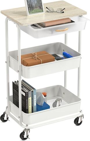 Simple Houseware 3-Tier Rolling Utility Cart with Drawer & Wood Tabletop - Mobile Sofa Side Table, Nightstand, Slim Storage Organizer Trolley for Bedroom, Bathroom, Office & Art Supplies, Rustic Brown in Saudi Arabia