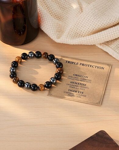 HGDEER Triple Protection Bracelet for Men & Teens - Bring Protection Luck And Prosperity - 100% Natural Obsidian, Hematite & Tiger Eye Beaded Bracelet - with Quote Card in Saudi Arabia