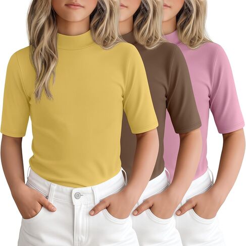 3 Pack Girls' 1/2 Sleeve Mock Turtleneck Shirts Summer Elbow Length Tops Kids Half Sleeve Basic Tees Teen Shirts in Saudi Arabia