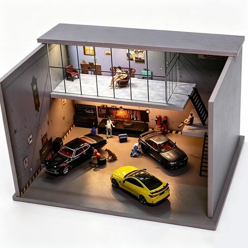 Diorama 1/64 Car Display Case Garage Repair Shop Model Fits for Hot Wheels Matchbox Mini GT Diecast Cars,Dimmable LED Lighting Car Maintenance Workshop Scene Display Case Model (American Workshop) in Saudi Arabia