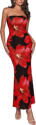 PRETTYGARDEN Womens Spring Dresses 2026 Sexy Strapless Tube Bodycon Mesh Ruched Floral Maxi Dress Wedding Club Outfits in Saudi Arabia