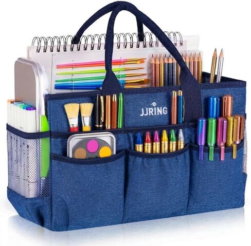JJRING Large Art Supply Storage Tote Bag with 2 Mesh Side Pockets & Front Elastic Pockets – Sturdy Craft Organizer Caddy with Reinforced Bottom for Sewing, Scrapbooking, Teachers & Artists(Grey) | Breathable Material, Foldable in Saudi Arabia