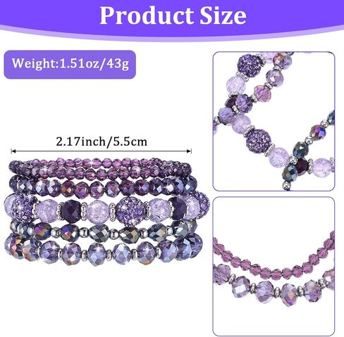 5Pcs Bohemian Beaded Bracelets for Women, Stackable Boho Disco Ball Crystal Beads Bracelet, Multilayered Faceted Glass Beads Stretch Bracelets, Jewelry Gift for Women (Purple) in Saudi Arabia