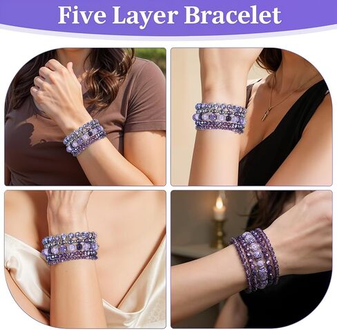 5Pcs Bohemian Beaded Bracelets for Women, Stackable Boho Disco Ball Crystal Beads Bracelet, Multilayered Faceted Glass Beads Stretch Bracelets, Jewelry Gift for Women (Purple) in Saudi Arabia