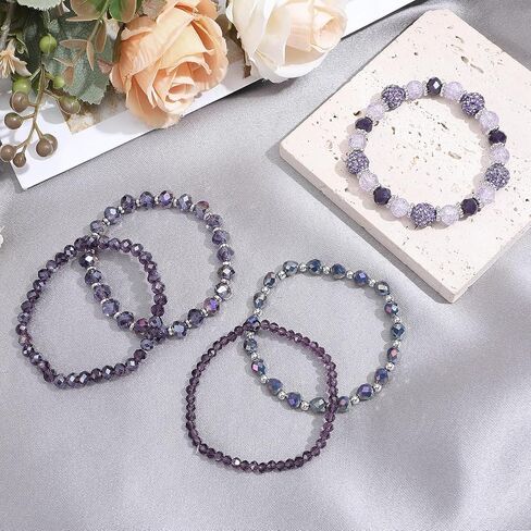5Pcs Bohemian Beaded Bracelets for Women, Stackable Boho Disco Ball Crystal Beads Bracelet, Multilayered Faceted Glass Beads Stretch Bracelets, Jewelry Gift for Women (Purple) in Saudi Arabia