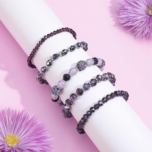 5Pcs Bohemian Beaded Bracelets for Women, Stackable Boho Disco Ball Crystal Beads Bracelet, Multilayered Faceted Glass Beads Stretch Bracelets, Jewelry Gift for Women (Purple) in Saudi Arabia
