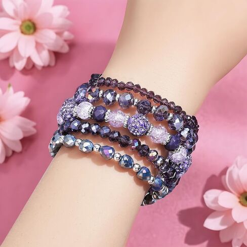 5Pcs Bohemian Beaded Bracelets for Women, Stackable Boho Disco Ball Crystal Beads Bracelet, Multilayered Faceted Glass Beads Stretch Bracelets, Jewelry Gift for Women (Purple) in Saudi Arabia