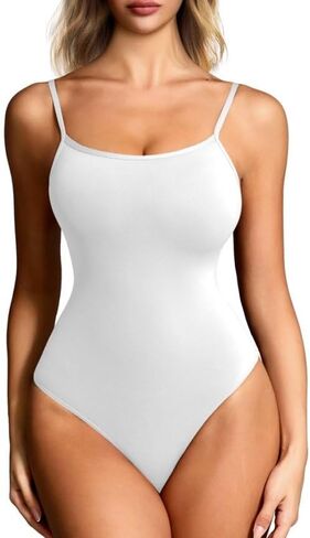 MOSEBO Women's Cami Thong Bodysuit Top مع أشرطة قابلة للتعديل ، مزيج من النايلون المتبادل مزدوجًا ، راحة طوال اليوم in Kuwait