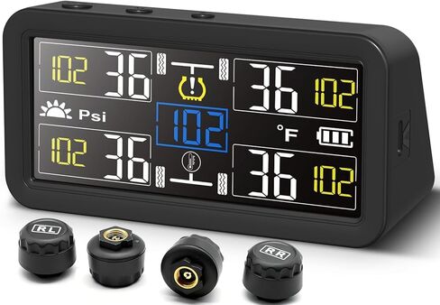 نظام مراقبة ضغط الإطارات للمركبات الترفيهية بست عجلات (TPMS) - 6 أجهزة استشعار و6 أوضاع إنذار | 0-144 رطل لكل بوصة مربعة ±1.5 رطل لكل بوصة مربعة، شحن بالطاقة الشمسية/USB | للشاحنات المزدوجة والمقطورات الثقيلة in Kuwait