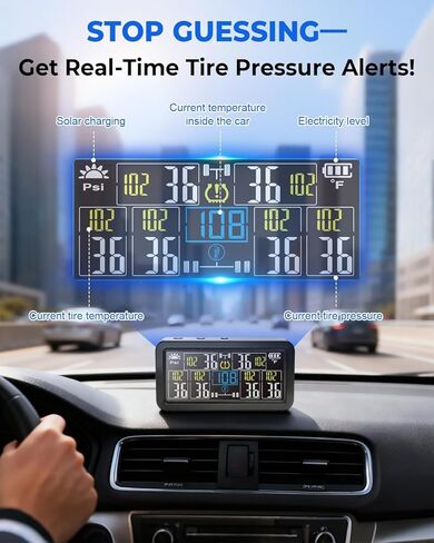 نظام مراقبة ضغط الإطارات للمركبات الترفيهية بست عجلات (TPMS) - 6 أجهزة استشعار و6 أوضاع إنذار | 0-144 رطل لكل بوصة مربعة ±1.5 رطل لكل بوصة مربعة، شحن بالطاقة الشمسية/USB | للشاحنات المزدوجة والمقطورات الثقيلة in Kuwait