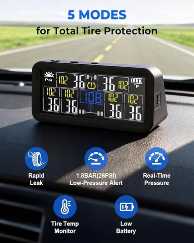 نظام مراقبة ضغط الإطارات للمركبات الترفيهية بست عجلات (TPMS) - 6 أجهزة استشعار و6 أوضاع إنذار | 0-144 رطل لكل بوصة مربعة ±1.5 رطل لكل بوصة مربعة، شحن بالطاقة الشمسية/USB | للشاحنات المزدوجة والمقطورات الثقيلة in Kuwait