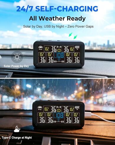 نظام مراقبة ضغط الإطارات للمركبات الترفيهية بست عجلات (TPMS) - 6 أجهزة استشعار و6 أوضاع إنذار | 0-144 رطل لكل بوصة مربعة ±1.5 رطل لكل بوصة مربعة، شحن بالطاقة الشمسية/USB | للشاحنات المزدوجة والمقطورات الثقيلة in Kuwait