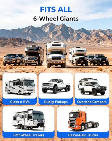 نظام مراقبة ضغط الإطارات للمركبات الترفيهية بست عجلات (TPMS) - 6 أجهزة استشعار و6 أوضاع إنذار | 0-144 رطل لكل بوصة مربعة ±1.5 رطل لكل بوصة مربعة، شحن بالطاقة الشمسية/USB | للشاحنات المزدوجة والمقطورات الثقيلة in Kuwait
