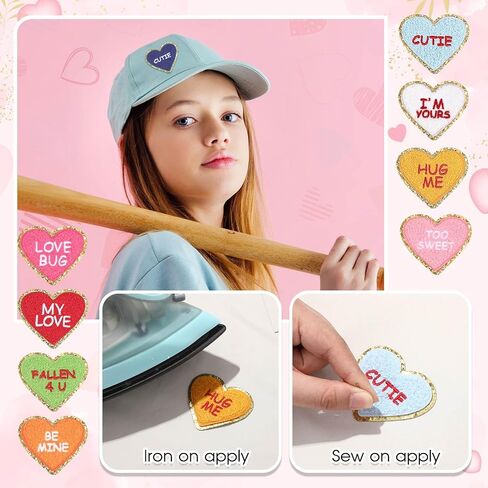 Juexica 24 Pcs Heart Shaped Iron on Patches Glitter Chenille Love Applique Embroidered Appliques Valentine's Day Transfers Sew on Fabric Patch for Clothes Jackets Backpack Hat Decoration(Classic) in Saudi Arabia