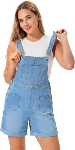 roswear Denim Overall Shorts for Women Stretchy Jumpsuits with Adjustable Strap Cuffed Hem in Saudi Arabia