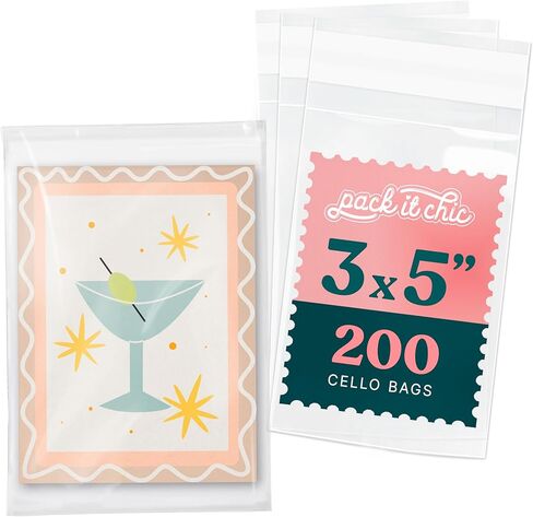 Pack It Chic - أكياس سيلوفان ذاتية الغلق مقاس 3 × 5 بوصة (1000 عبوة) - أكياس بلاستيكية صغيرة شفافة مع لاصق قابل للإغلاق للصور والمطبوعات وأكمام البطاقات وتغليف الهدايا الصغيرة مقاس 3 × 5 in Kuwait