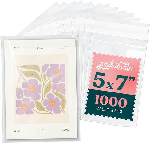 Pack It Chic - أكياس سيلوفان ذاتية الغلق مقاس 3 × 5 بوصة (1000 عبوة) - أكياس بلاستيكية صغيرة شفافة مع لاصق قابل للإغلاق للصور والمطبوعات وأكمام البطاقات وتغليف الهدايا الصغيرة مقاس 3 × 5 in Kuwait