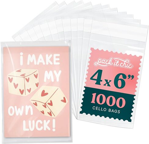 Pack It Chic - أكياس سيلوفان ذاتية الغلق مقاس 3 × 5 بوصة (1000 عبوة) - أكياس بلاستيكية صغيرة شفافة مع لاصق قابل للإغلاق للصور والمطبوعات وأكمام البطاقات وتغليف الهدايا الصغيرة مقاس 3 × 5 in Kuwait