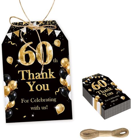Black and Gold 60th Birthday Thank You Tags, Cheer to 60 Years Paper Gift Tag for Men, Happy 60th Birthday Thank You Gift Labels with String for 60th Anniversary Party Decoration in Saudi Arabia