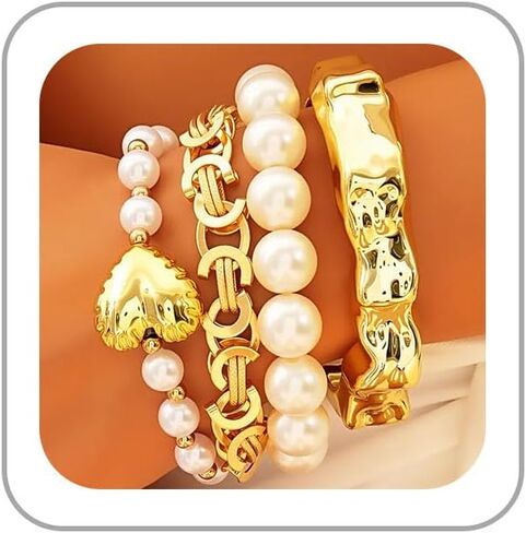 Chunky Gold Bracelets for Women Liquid Pleats Metal Wide Bangle Irregular Baroque Pearl Beaded Bracelet Adjustable Stackable Stretch Imitation Pearl Bracelets Boho Prom Costumes Fashion Jewelry Accessories in Saudi Arabia