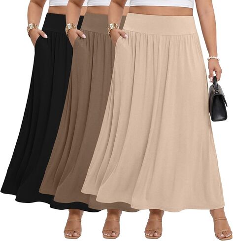 3 Pack Plus Size Maxi Skirts for Curvy Women Flowy Casual High Waisted Ankle Length a Line Long Skirt with Pockets in Saudi Arabia