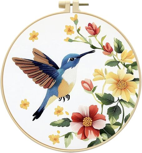 مجموعة تطريز Zhenqing Hummingbird والزهور للمبتدئين - مجموعة كاملة مع نسيج قطني مطبوع مسبقًا مقاس 29 × 29 سم، وطوق، وخيوط وأدوات (C0122) in Saudi Arabia