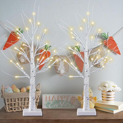 2-Pack 2FT Lighted Birch Tree with Timer for Easter Decorations, Artificial Birch Tree with 48 LED Warm White Lights, Tabletop Centerpiece Tree for Xmas Easter in Saudi Arabia