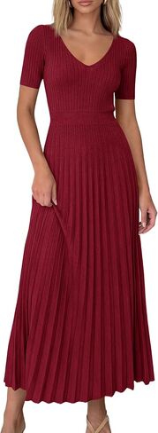 PRETTYGARDEN Women's 2026 Spring Midi Sweater Dresses Elegant Pleated Ribbed Knit Short Sleeve V Neck A Line Summer Outfits in Saudi Arabia