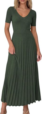 PRETTYGARDEN Women's 2026 Spring Midi Sweater Dresses Elegant Pleated Ribbed Knit Short Sleeve V Neck A Line Summer Outfits in Saudi Arabia