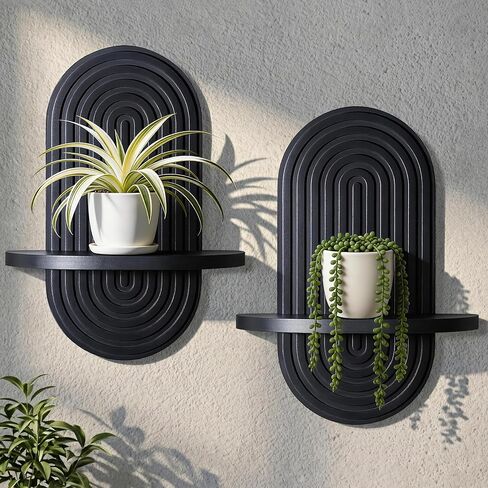 مجموعة من 2 أرفف عائمة مقوسة بوهو مقاس 15.7 بوصة × 7.8 بوصة رف معلق خشبي ثلاثي الأبعاد لغرفة المعيشة وغرفة النوم والحضانة ديكور حائط حديث في منتصف القرن (بني، 11.7 * 15.7) in Kuwait