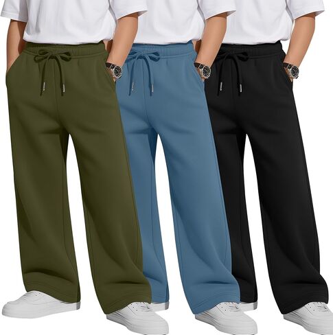 3 Pack Boys’ Wide Leg Sweatpants Drawstring Elastic Waist Baggy Pants Casual Athletic Joggers with Pockets in Saudi Arabia