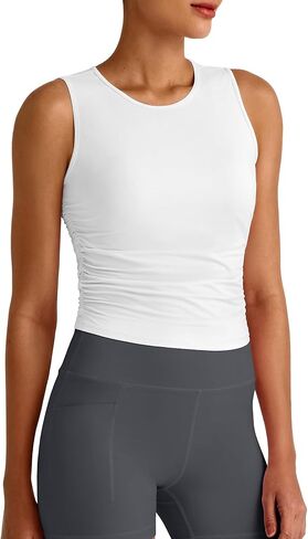 G4Free Women's Workout Tank Tops Sleeveless Athletic Shirts Stretch Fitness High Neck Crop Top for Gym Running Yoga (White,L) in Saudi Arabia