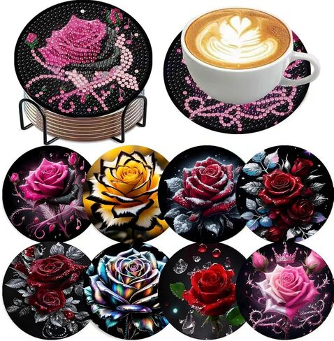 8PCS Diamond Art Coasters with Holder, DIY Cactus Diamond Painting Coasters Kits for Adults, Non Slip Cactus Mosaic Dot Painting Coaster Gift Set for Beginners 4x4 Inch in Saudi Arabia