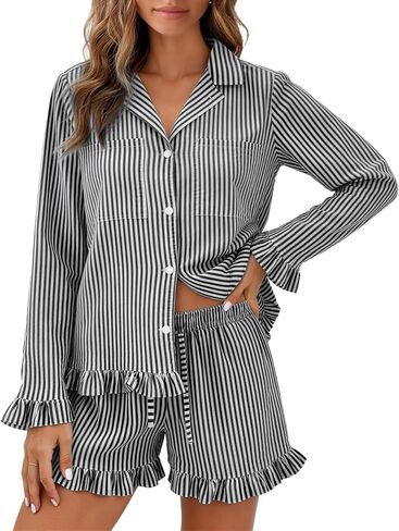 Flygo Womens Striped Pajama Sets 2 Piece Cotton Long Sleeve Tops and Pj Shorts Sets Casual Lounge Button Down Cozy Sleepwear in Saudi Arabia