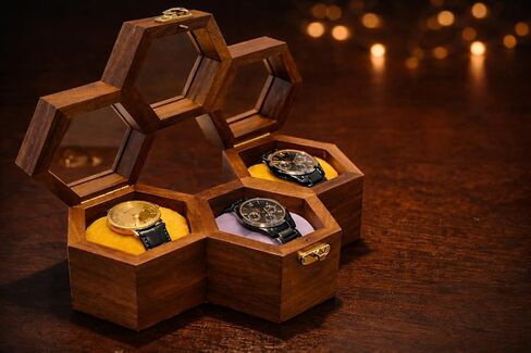منظم صندوق ساعة للرجال، حافظة عرض هدية لها، علبة مجوهرات، هدية للنساء من خشب شيشام الفاخر مع سطح زجاجي (5 فتحات) (رباعي) in Kuwait