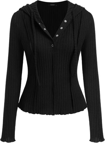CIDER Womens Ribbed Knit Hoodie Long Sleeve Button Down Stylish Going Out Crop Top in Saudi Arabia